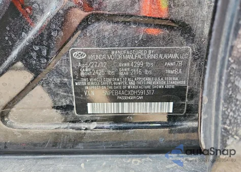 2013 Hyundai Sonata Gls z USA, uszkodzony, nr VIN 5NPEB4ACXDH591317